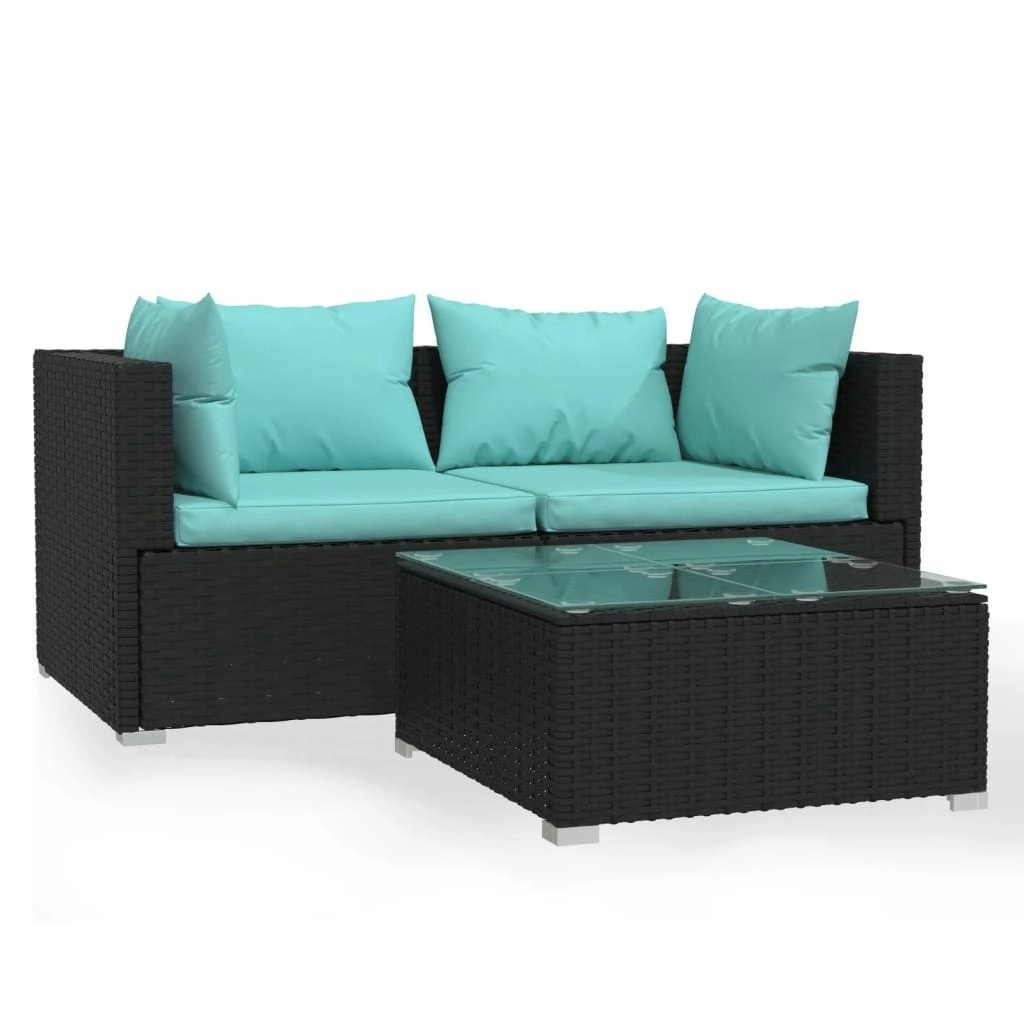 3 Piece Garden Lounge Set with Cushions Black Poly Rattan 317532