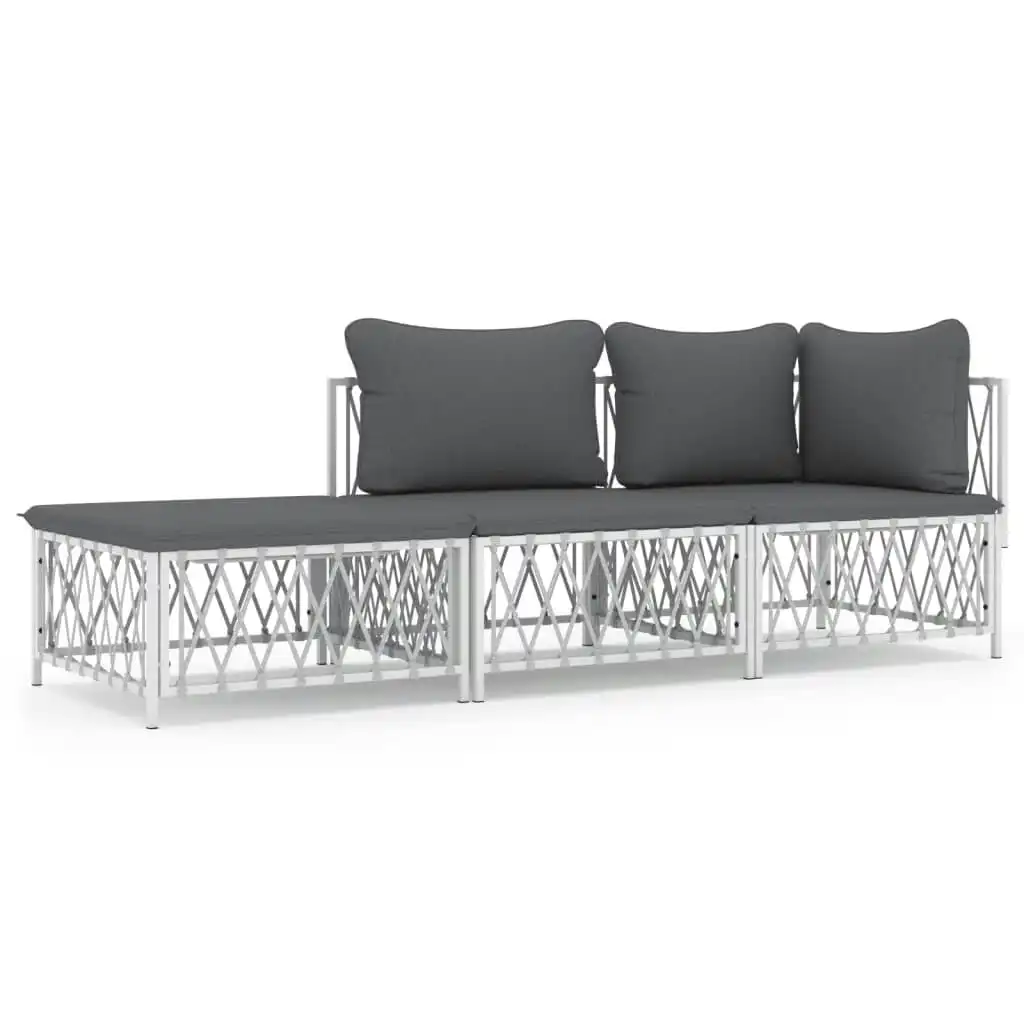 3 Piece Garden Lounge Set with Cushions White Steel 3186846