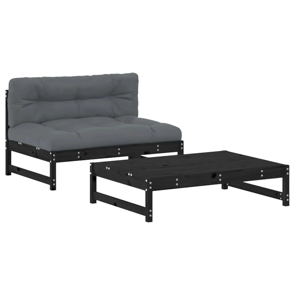 2 Piece Garden Lounge Set with Cushions Black Solid Wood 3186106