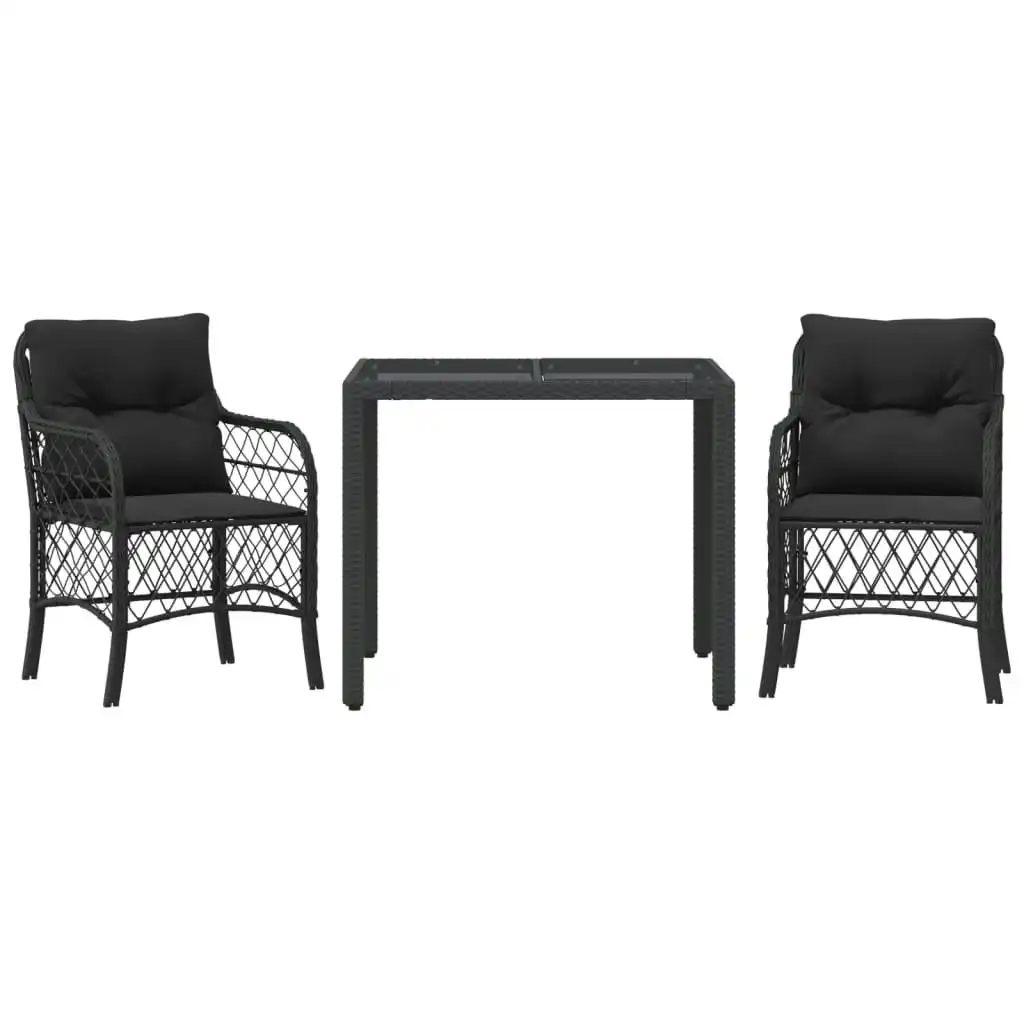 3 Piece Bistro Set with Cushions Black Poly Rattan 3212024