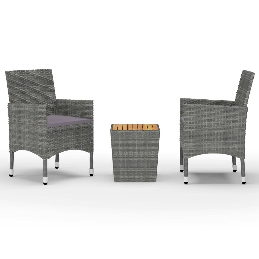 3 Piece Bistro Set Poly Rattan and Acacia Wood Grey 3058363