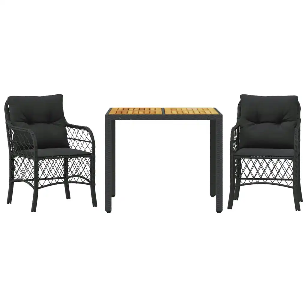 3 Piece Bistro Set with Cushions Black Poly Rattan 3212042