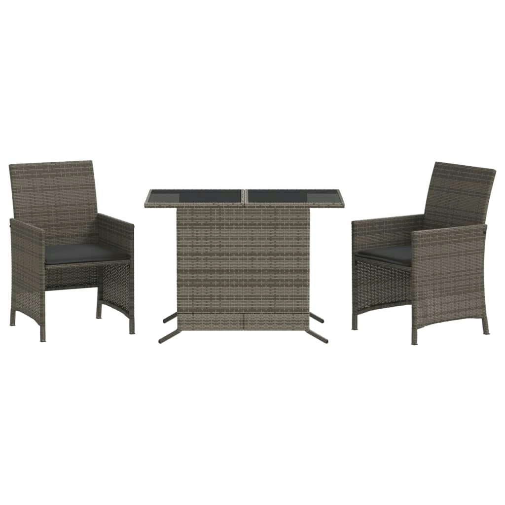 3 Piece Bistro Set with Cushions Grey Poly Rattan 365119