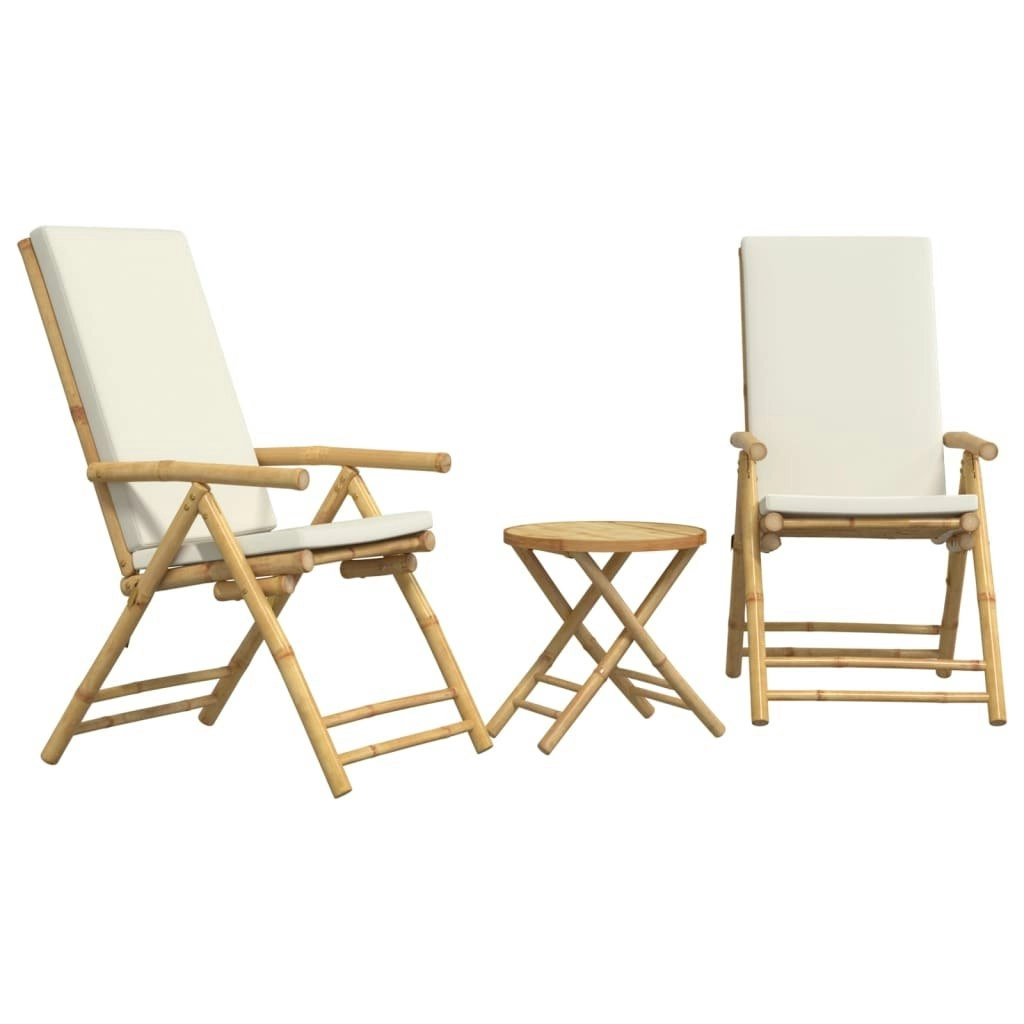 3 Piece Folding Bistro Set with Cream White Cushions Bamboo 3208937