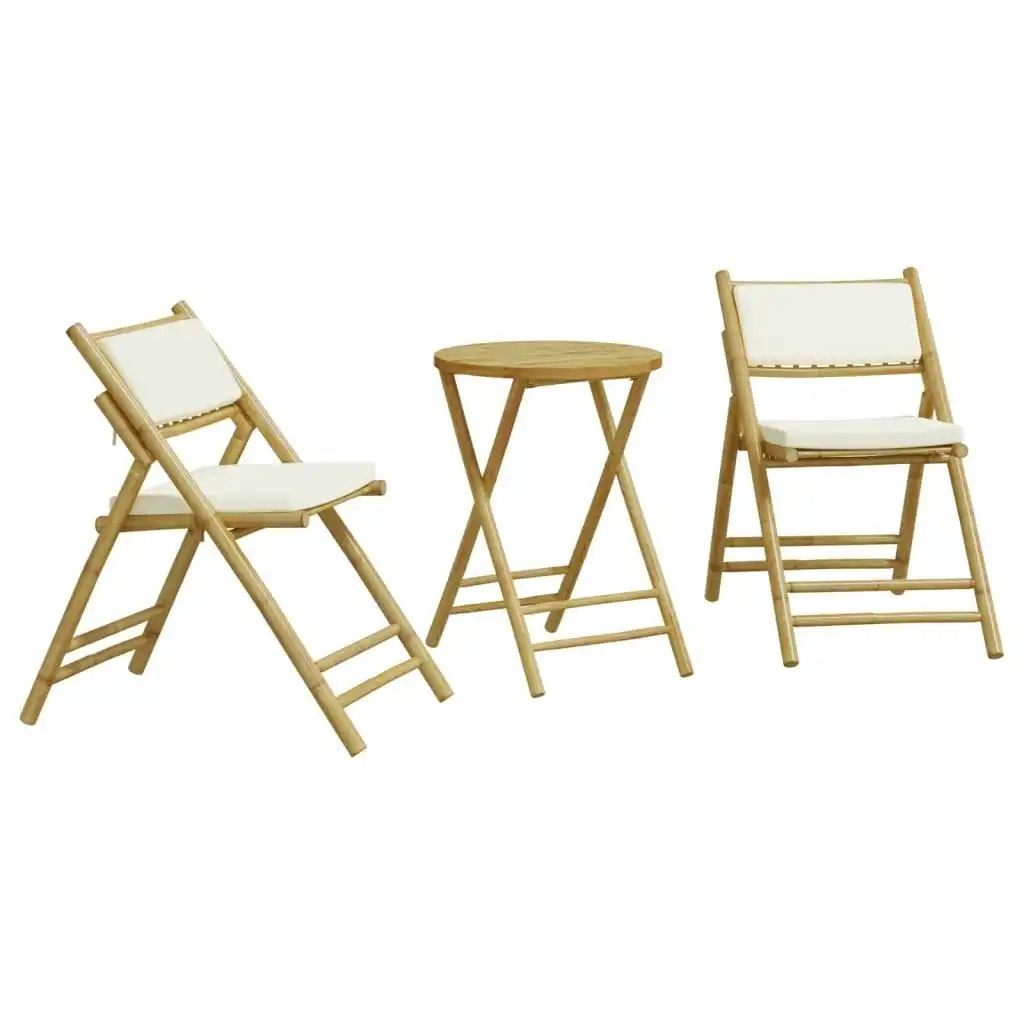 3 Piece Folding Bistro Set with Cream White Cushions Bamboo 365872