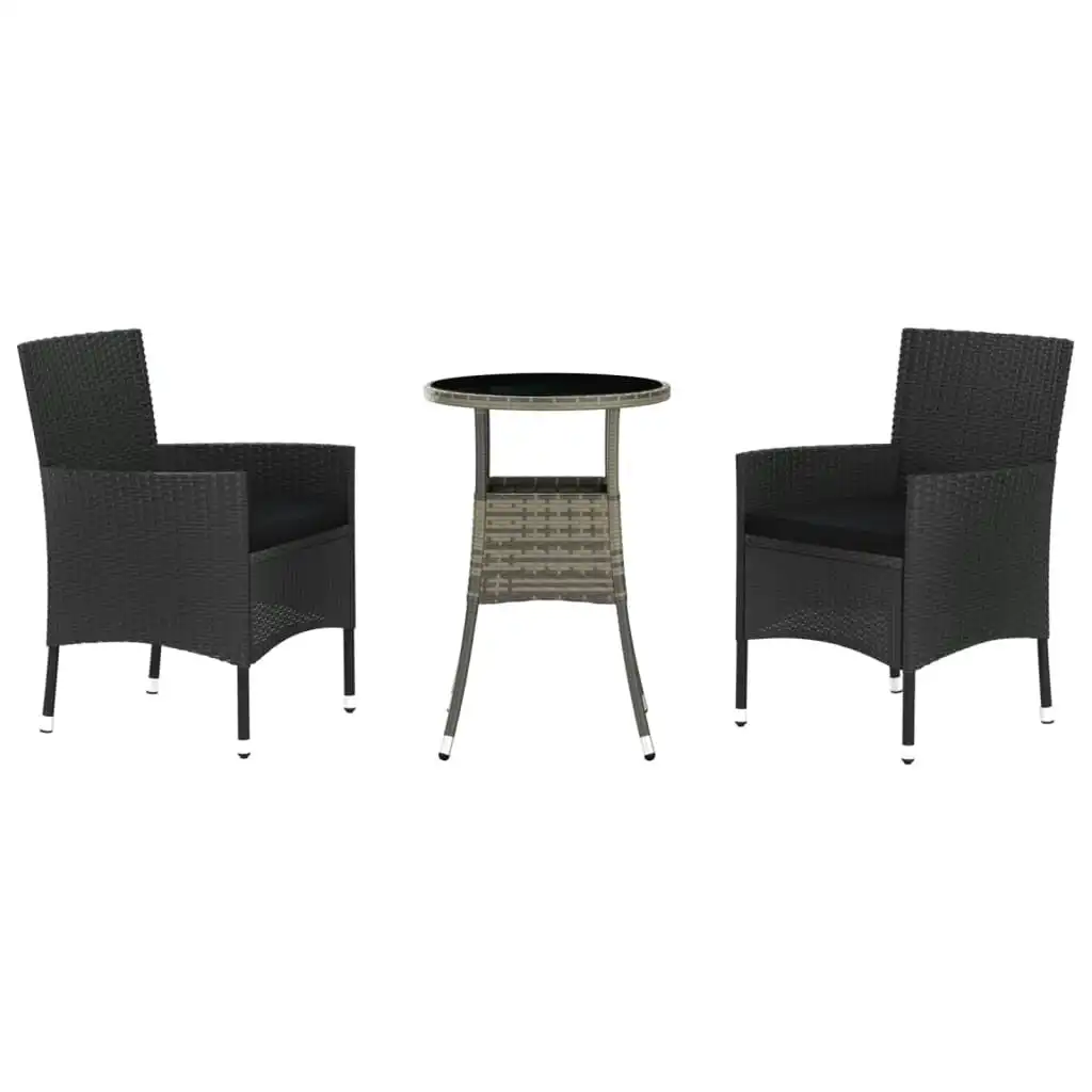 3 Piece Garden Bistro Set with Cushions Black Poly Rattan 3187426