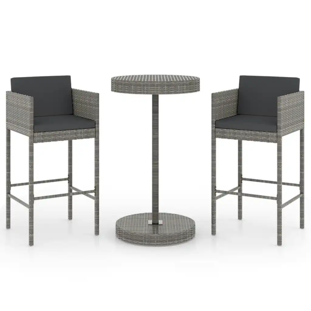 3 Piece Garden Bar Set with Cushions Poly Rattan Grey 3094773