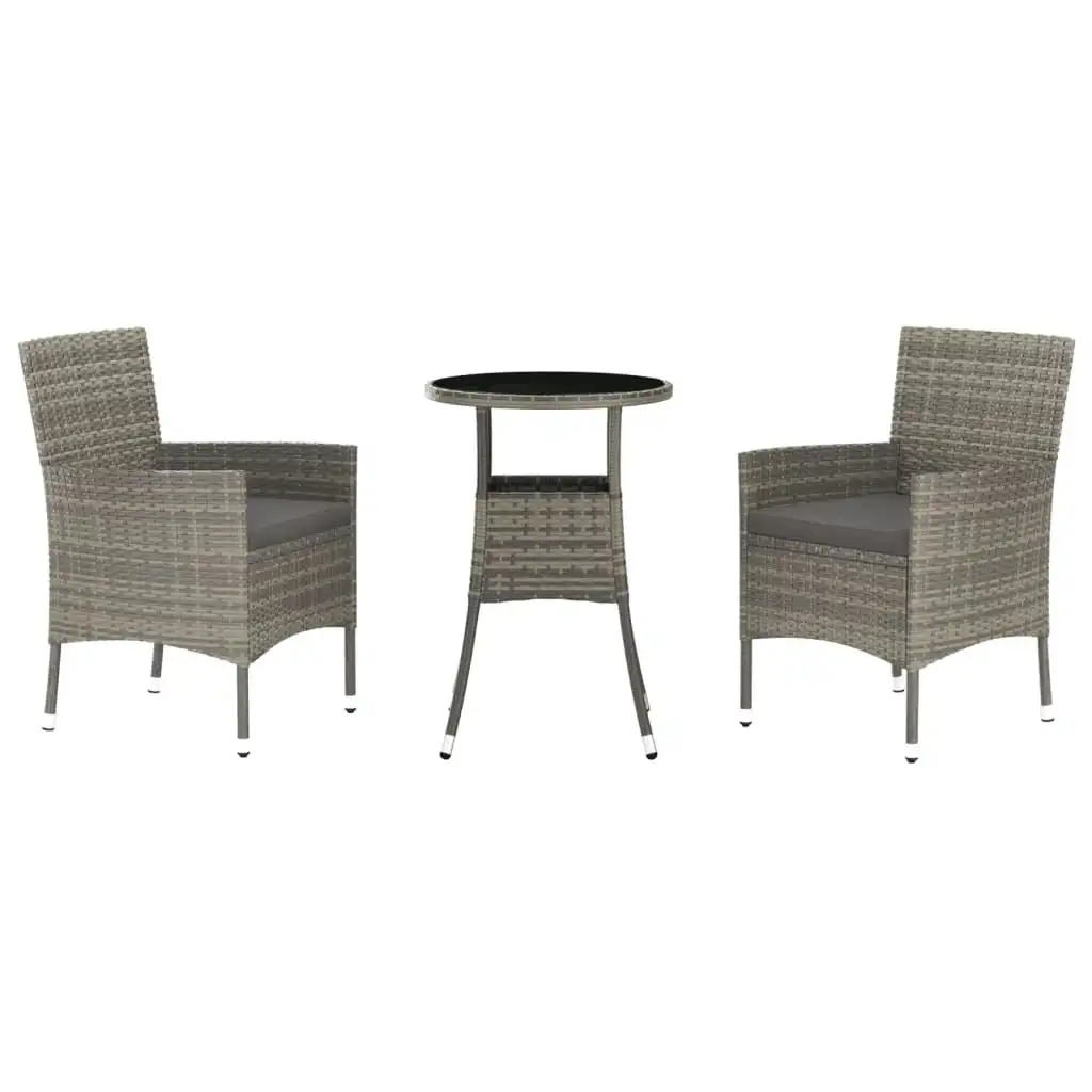 3 Piece Garden Bistro Set with Cushions Grey Poly Rattan 3187418