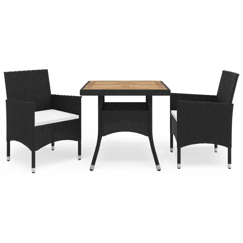 3 Piece Garden Dining Set Black Poly Rattan and Acacia Wood 3058312