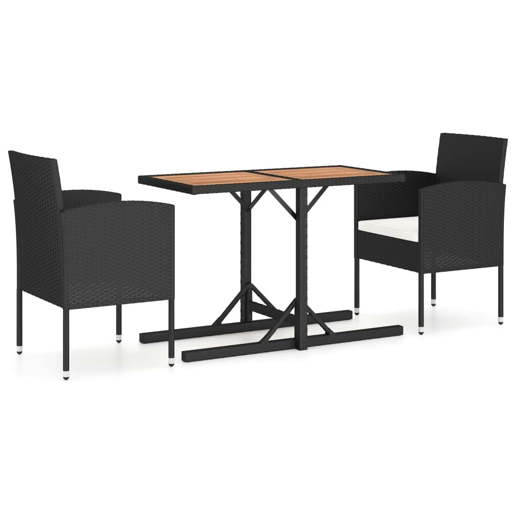 3 Piece Garden Dining Set Solid Acacia Wood & Poly Rattan Black 3071728