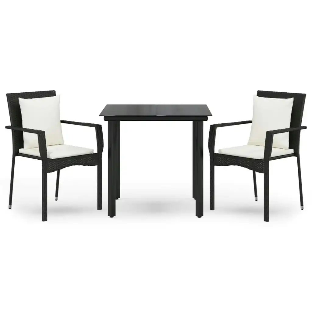 3 Piece Garden Dining Set with Cushions Black Poly Rattan 3185107