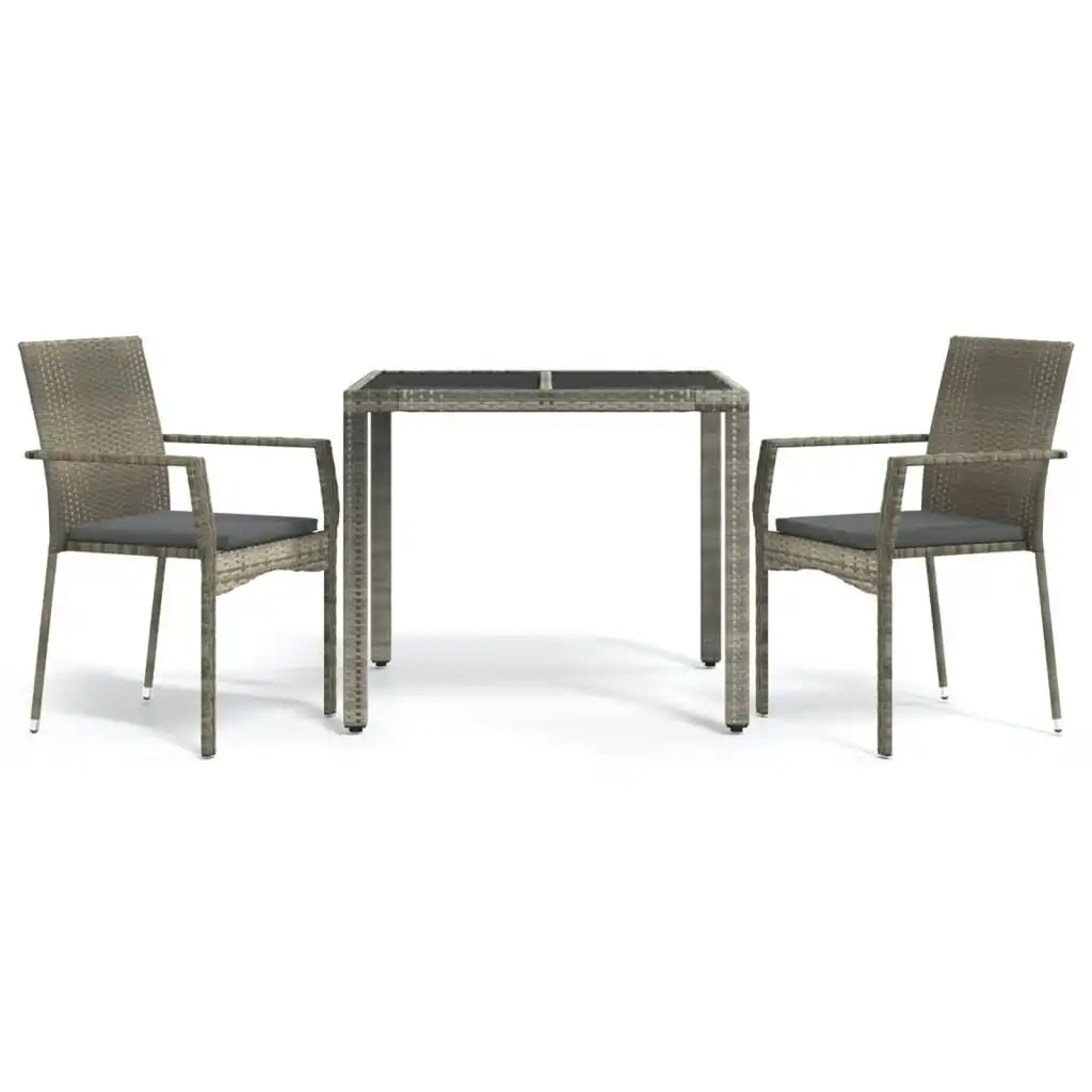 3 Piece Garden Dining Set with Cushions Grey Poly Rattan 3184981