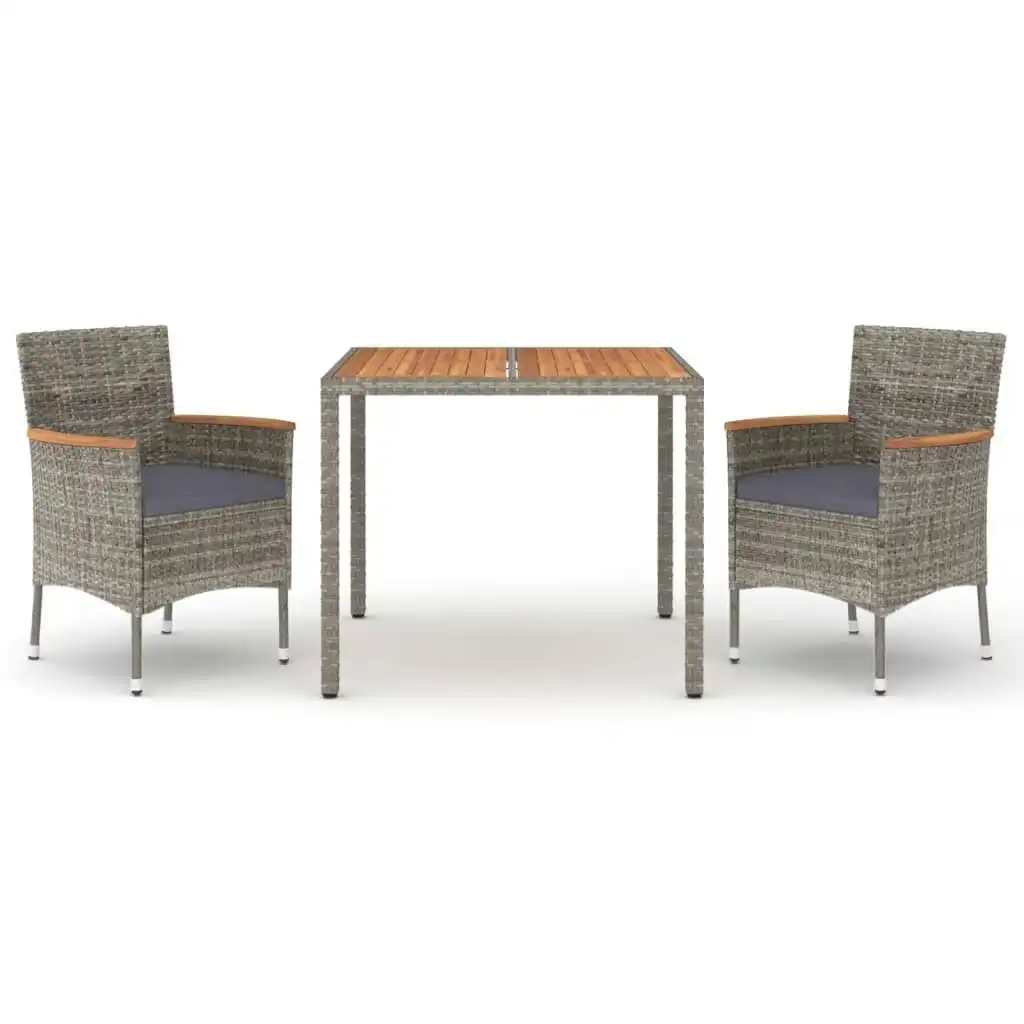 3 Piece Garden Dining Set with Cushions Grey Poly Rattan 3187364