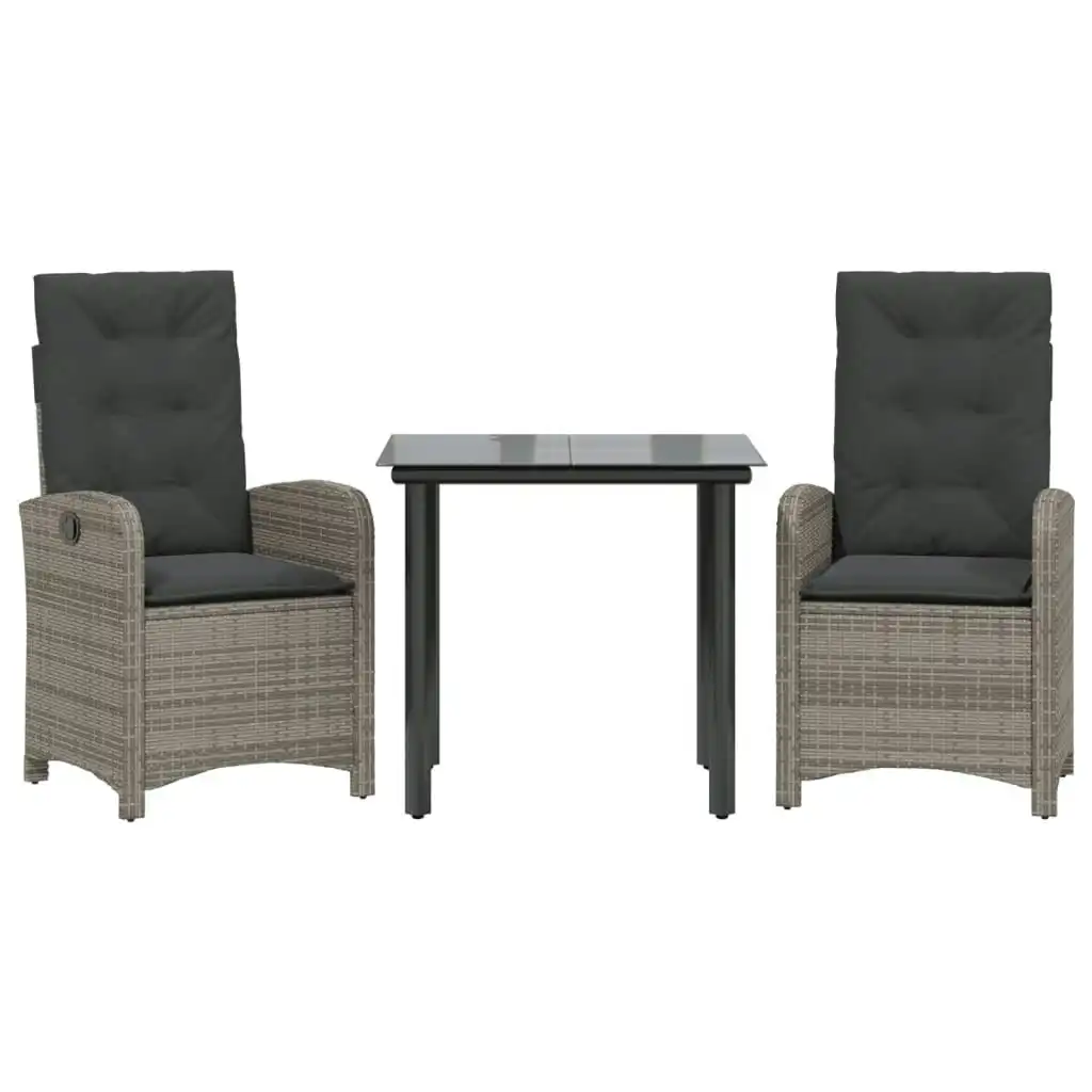 3 Piece Garden Dining Set with Cushions Grey Poly Rattan 3212360