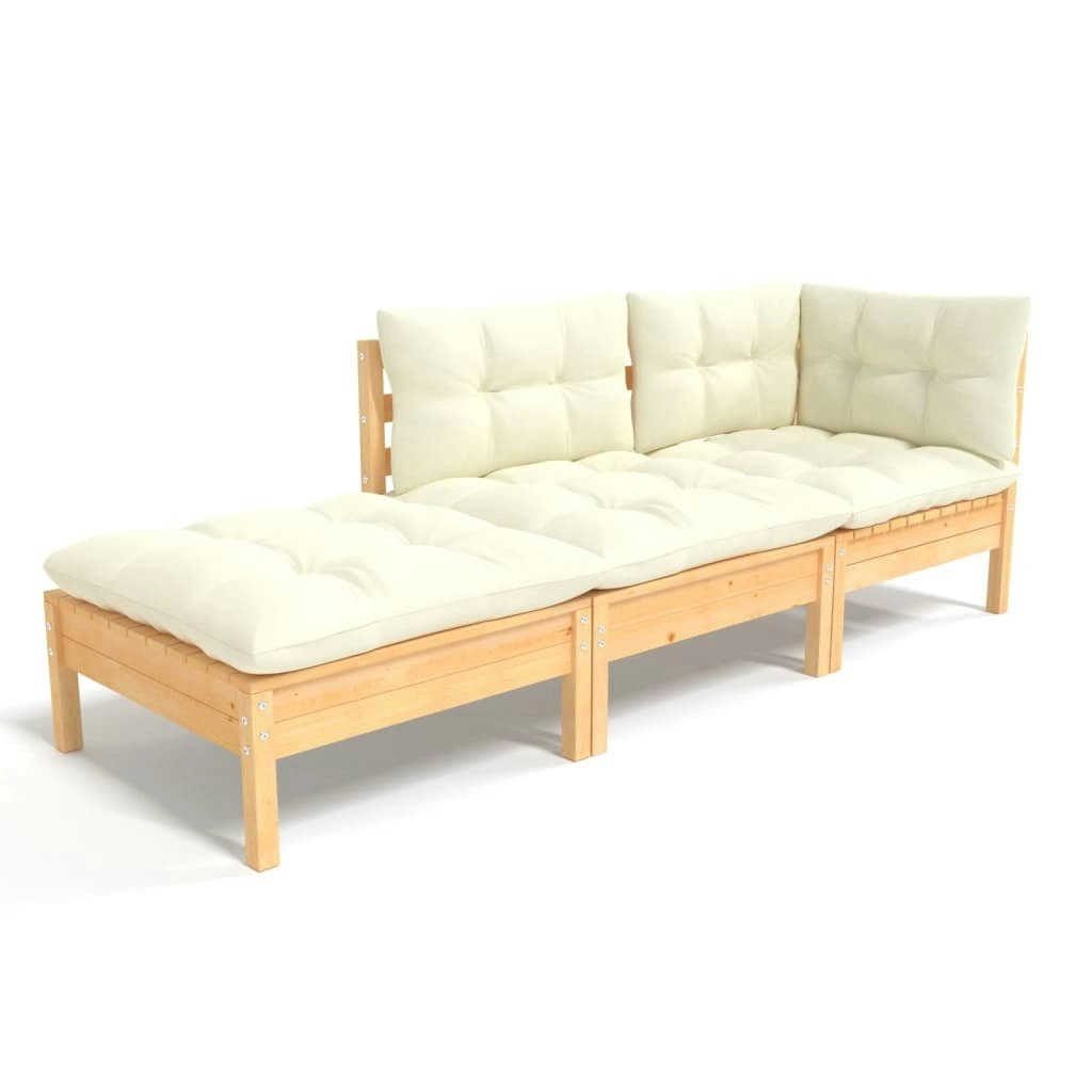 3 Piece Garden Lounge Set with Cream Cushions Solid Wood Pine 3096280