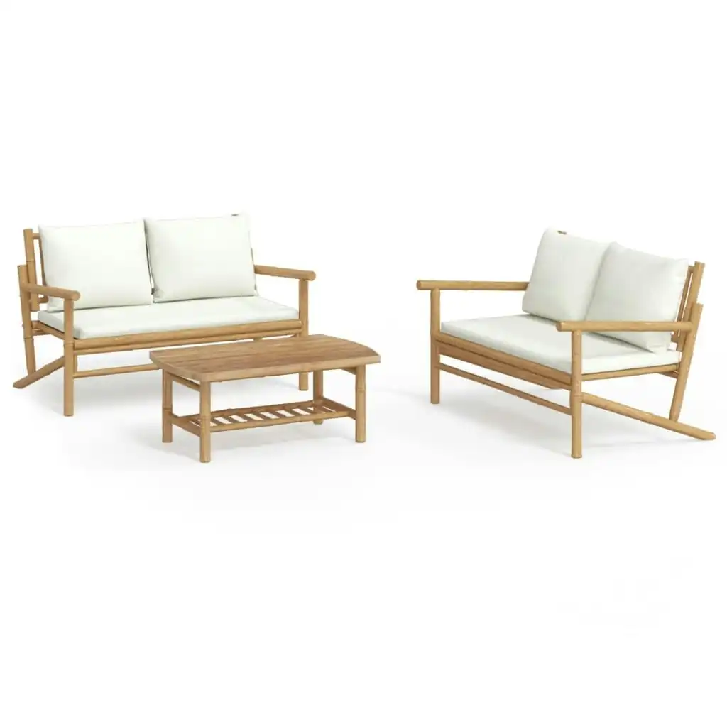 3 Piece Garden Lounge Set with Cream White Cushions Bamboo 3156473