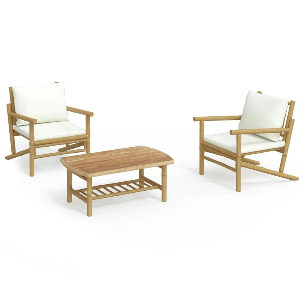 3 Piece Garden Lounge Set with Cream White Cushions Bamboo 3156479