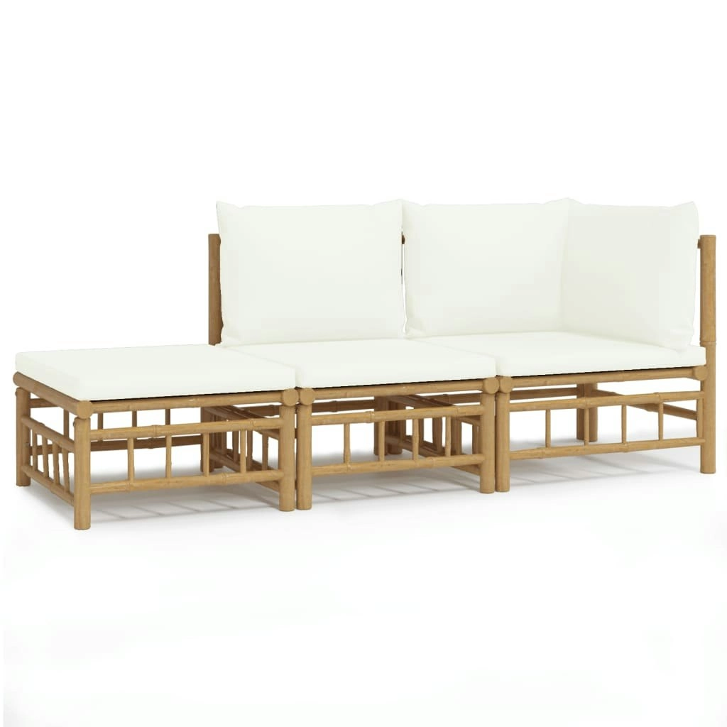 3 Piece Garden Lounge Set with Cream White Cushions  Bamboo 3155204