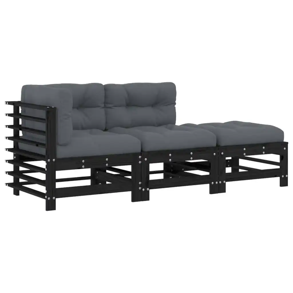 3 Piece Garden Lounge Set with Cushions Black Solid Wood 3186036