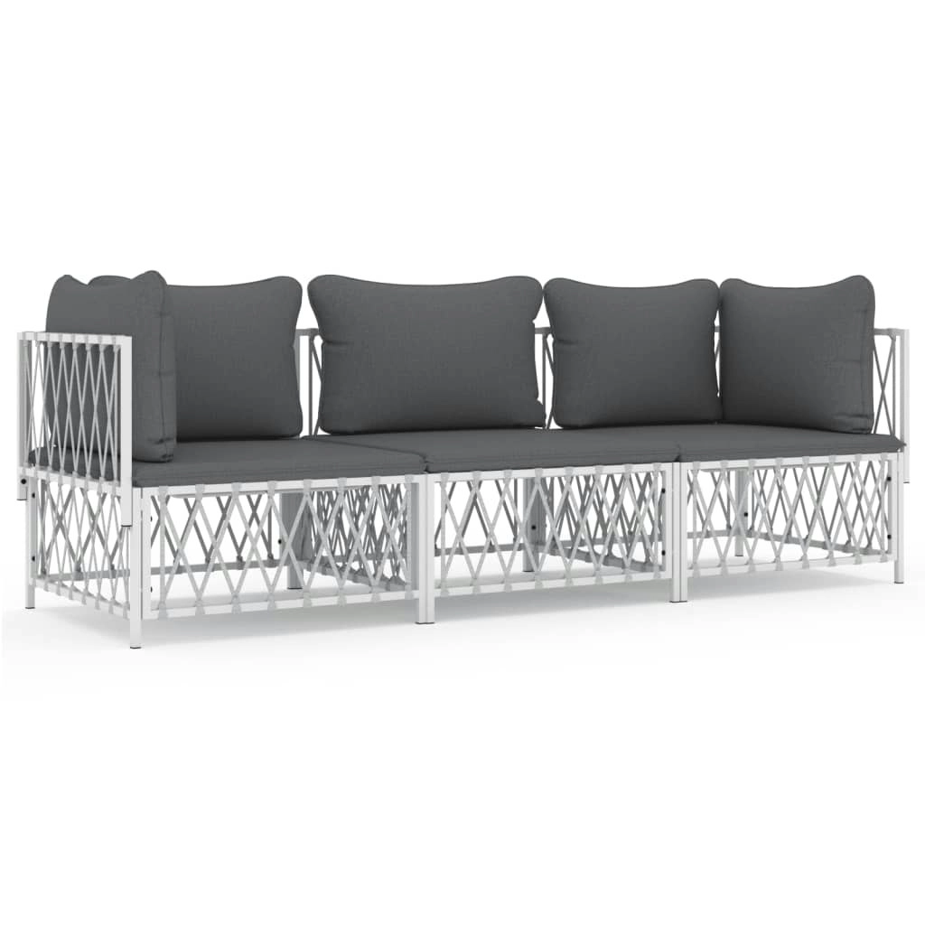 3 Piece Garden Lounge Set with Cushions White Steel 3186816