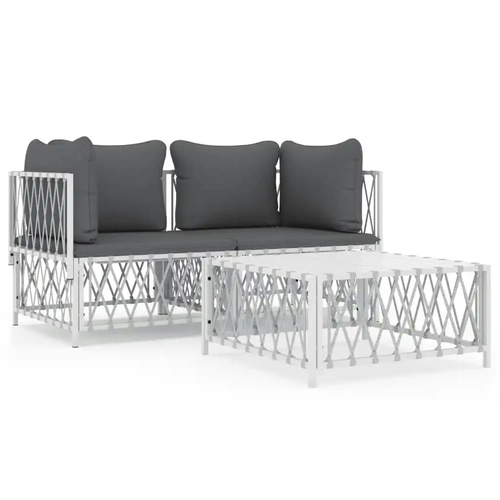 3 Piece Garden Lounge Set with Cushions White Steel 3186814