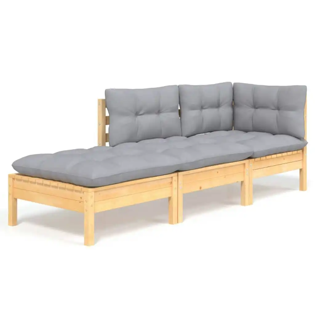 3 Piece Garden Lounge Set with Grey Cushions Solid Wood Pine 3096279