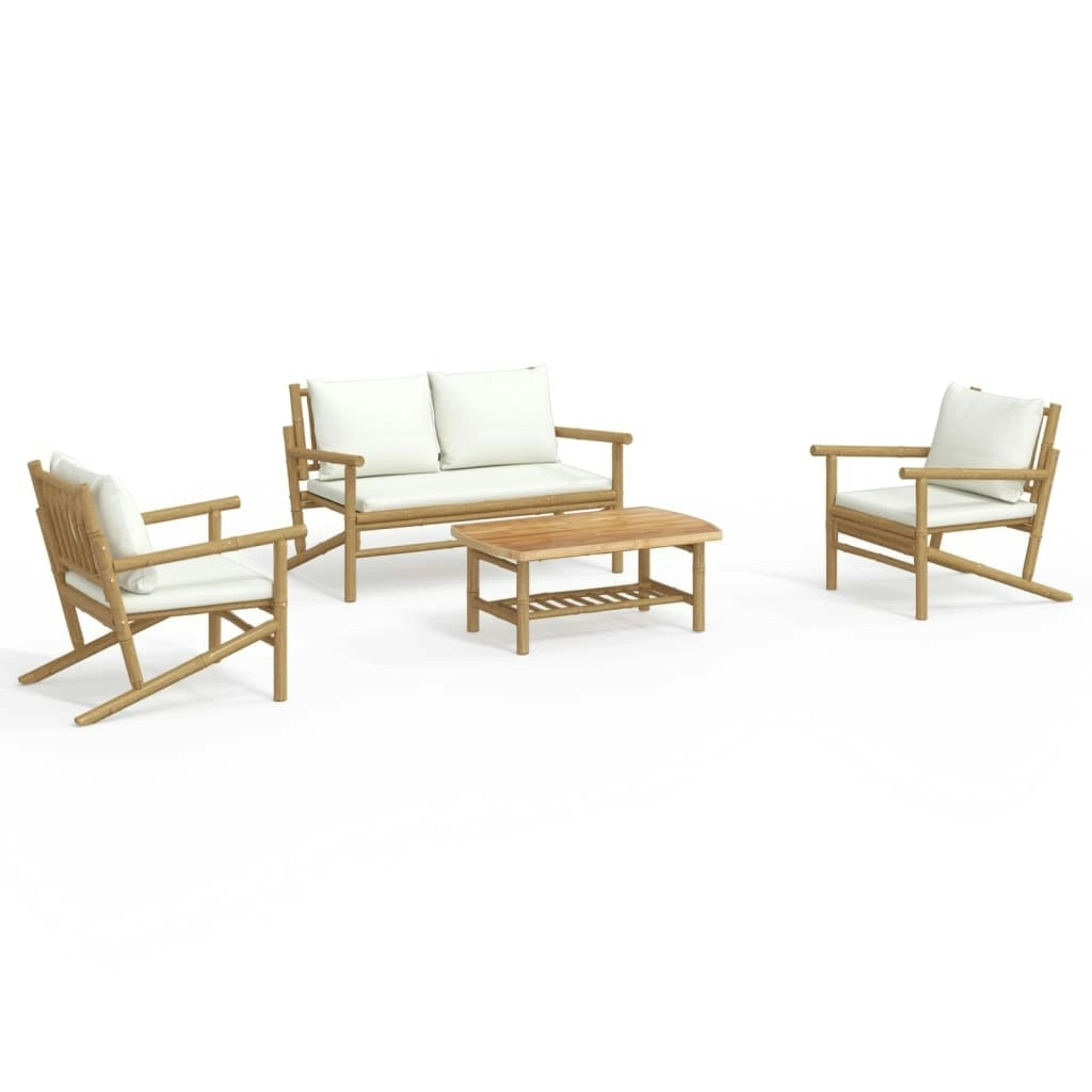 4 Piece Garden Lounge Set with Cream White Cushions Bamboo 3156471