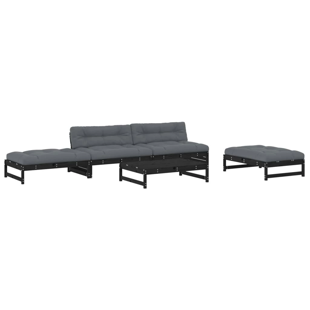 5 Piece Garden Lounge Set with Cushions Black Solid Wood 3186120