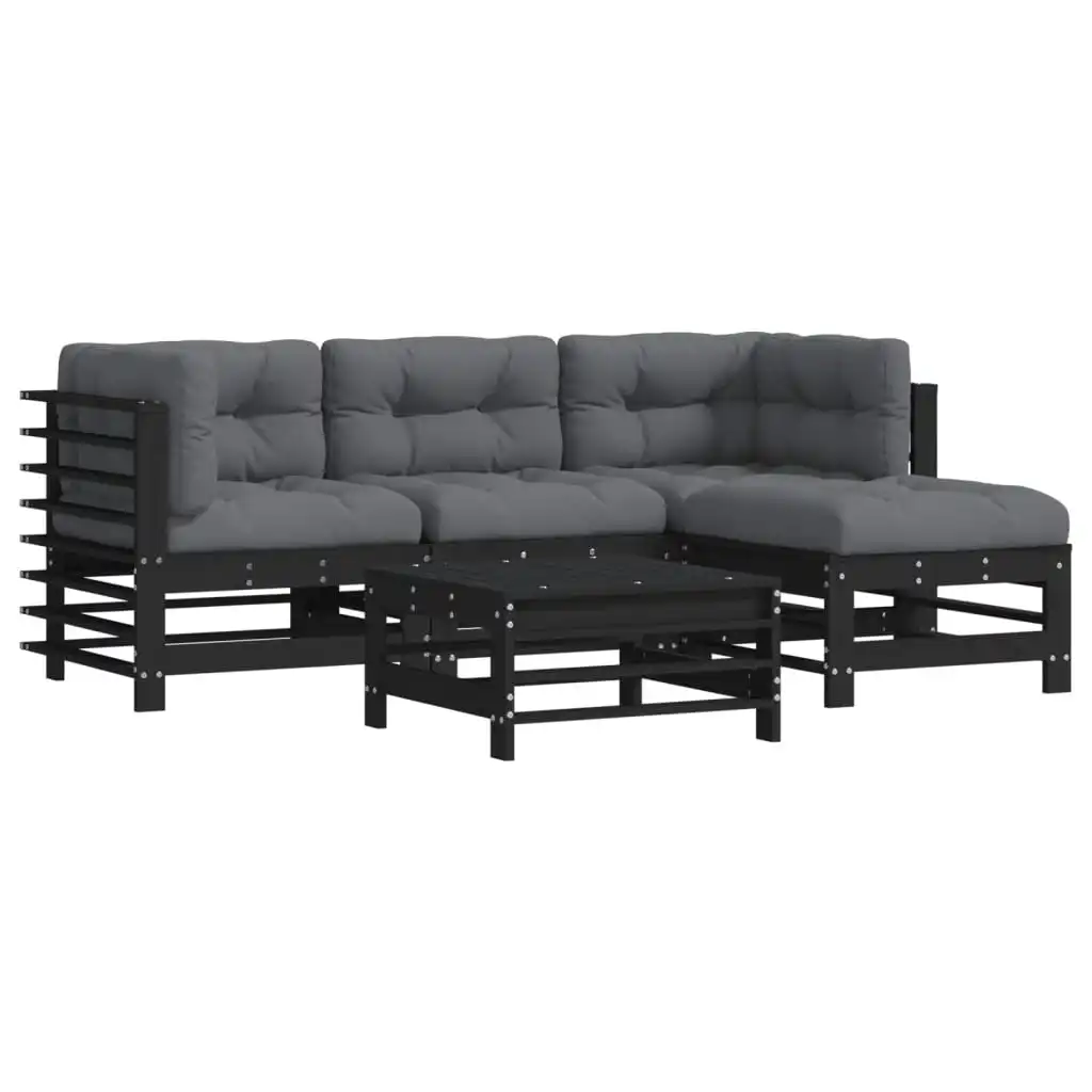 5 Piece Garden Lounge Set with Cushions Black Solid Wood 3185805