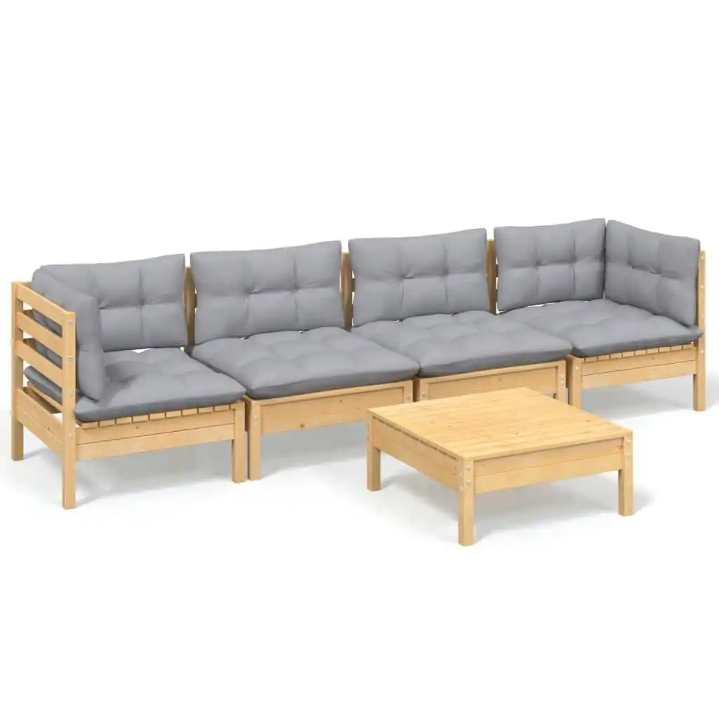 5 Piece Garden Lounge Set with Grey Cushions Solid Pinewood 3096153