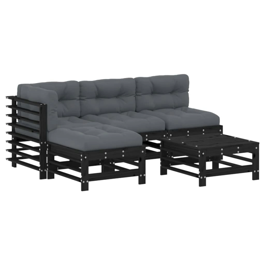 5 Piece Garden Lounge Set with Cushions Black Solid Wood 3186071