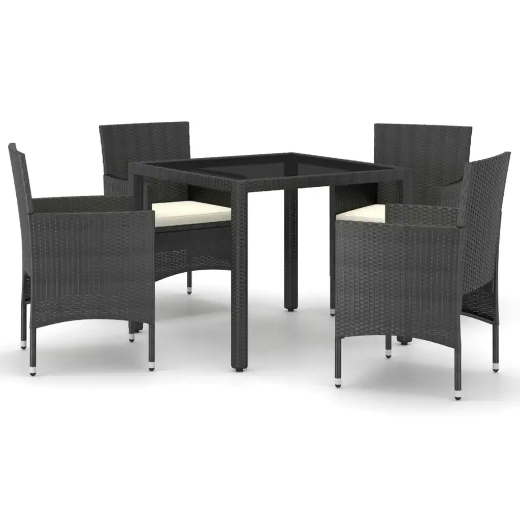 5 Piece Garden Dining Set Poly Rattan and Tempered Glass Black 3058408