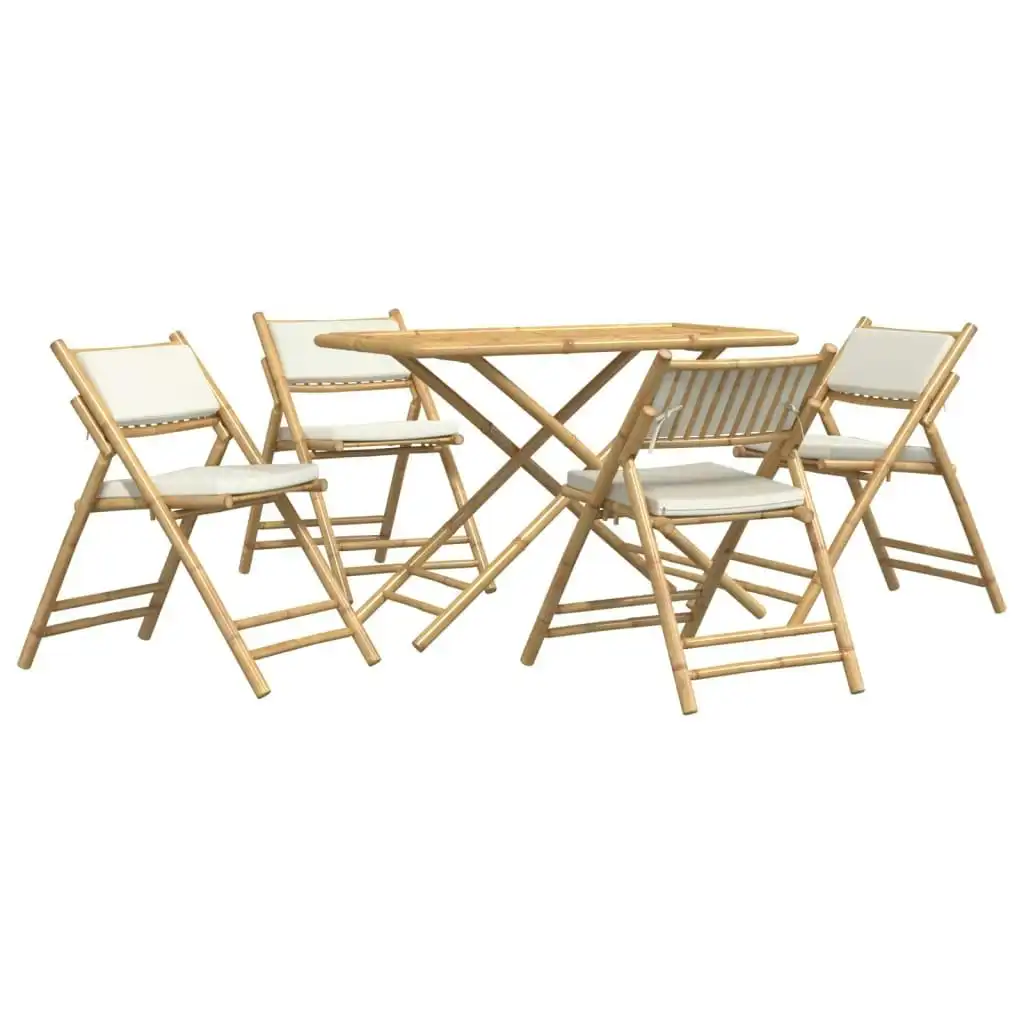 5 Piece Folding Bistro Set with Cream White Cushions Bamboo 3208935