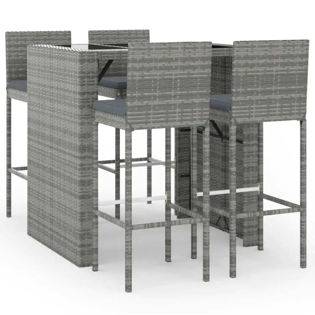 5 Piece Garden Bar Set with Cushions Grey Poly Rattan 3187626