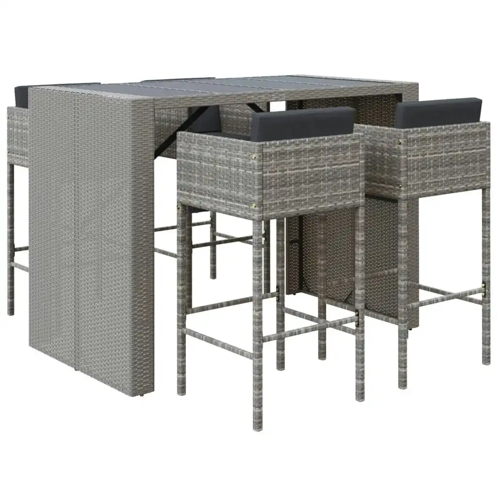 5 Piece Garden Bar Set with Cushions Grey Poly Rattan 3200668