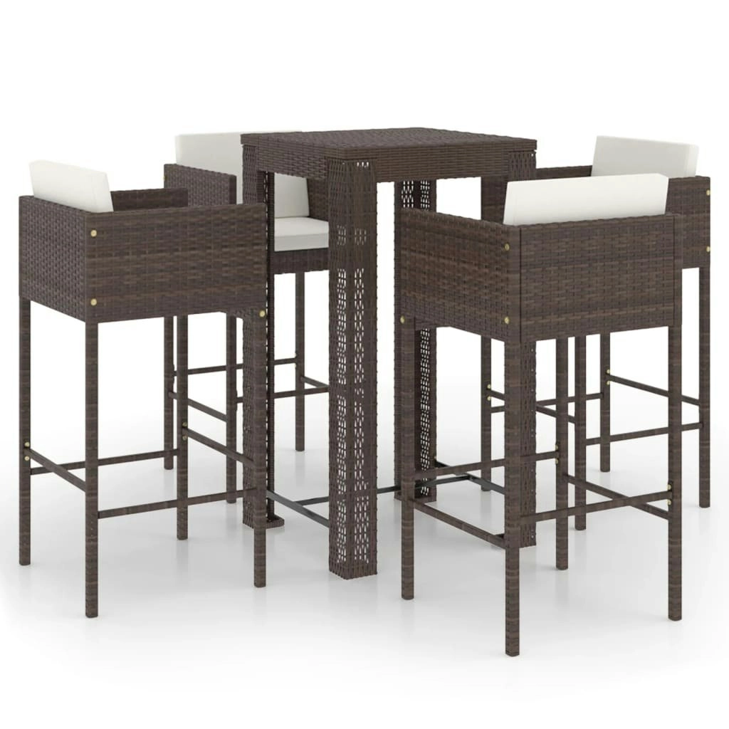 5 Piece Garden Bar Set with Cushions Poly Rattan Brown 3094780