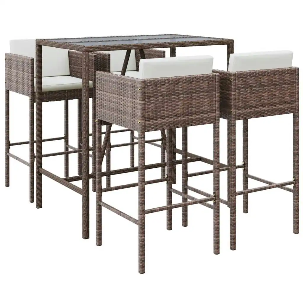 5 Piece Garden Bar Set with Cushions Brown Poly Rattan 3200655