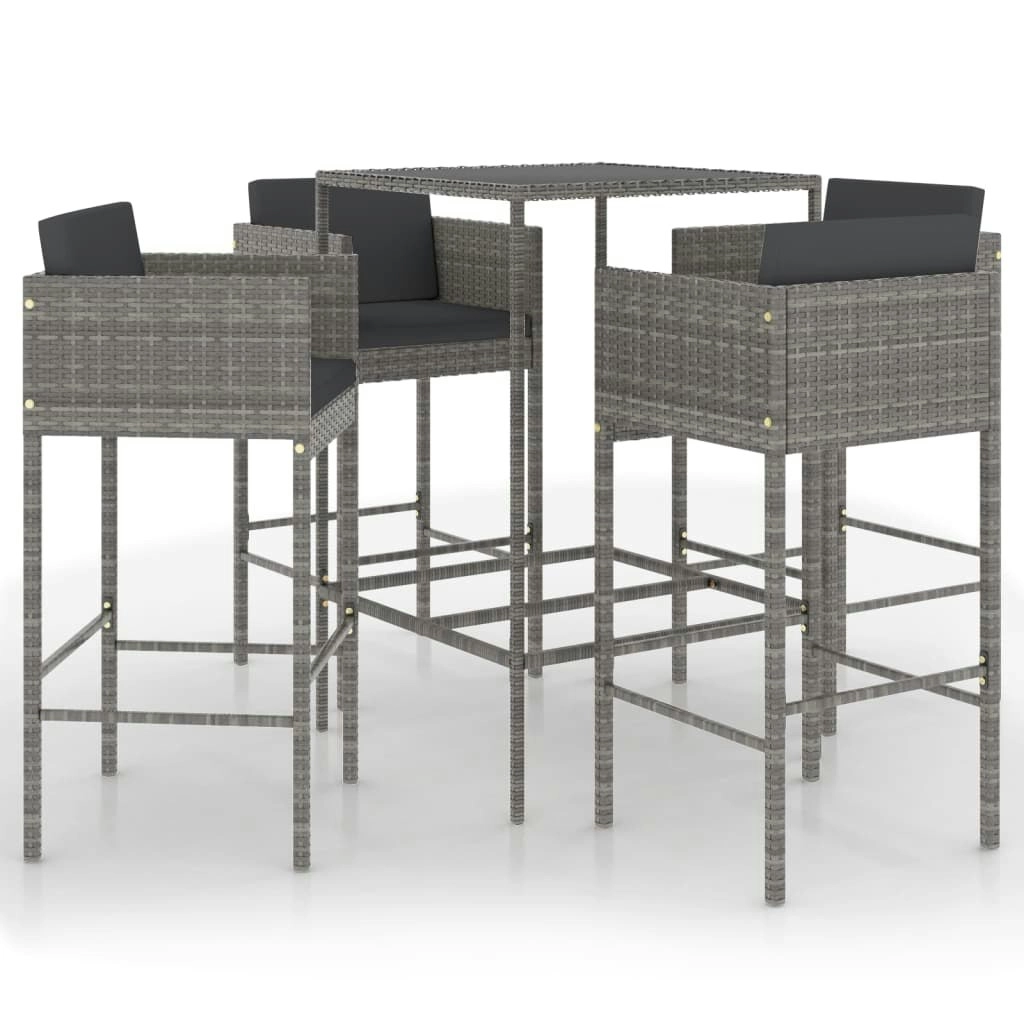 5 Piece Garden Bar Set with Cushions Poly Rattan Grey 3094791