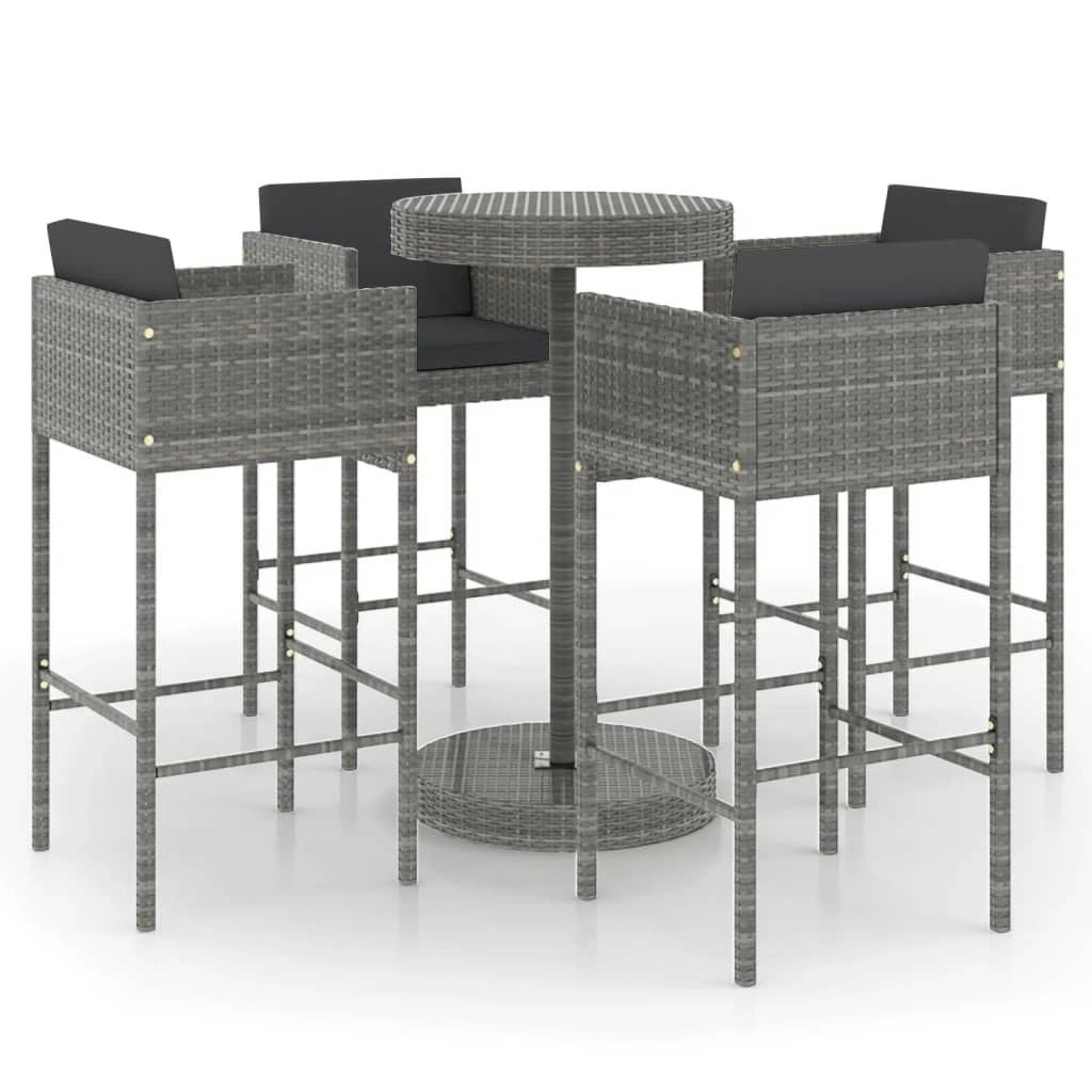 5 Piece Garden Bar Set with Cushions Poly Rattan Grey 3094776