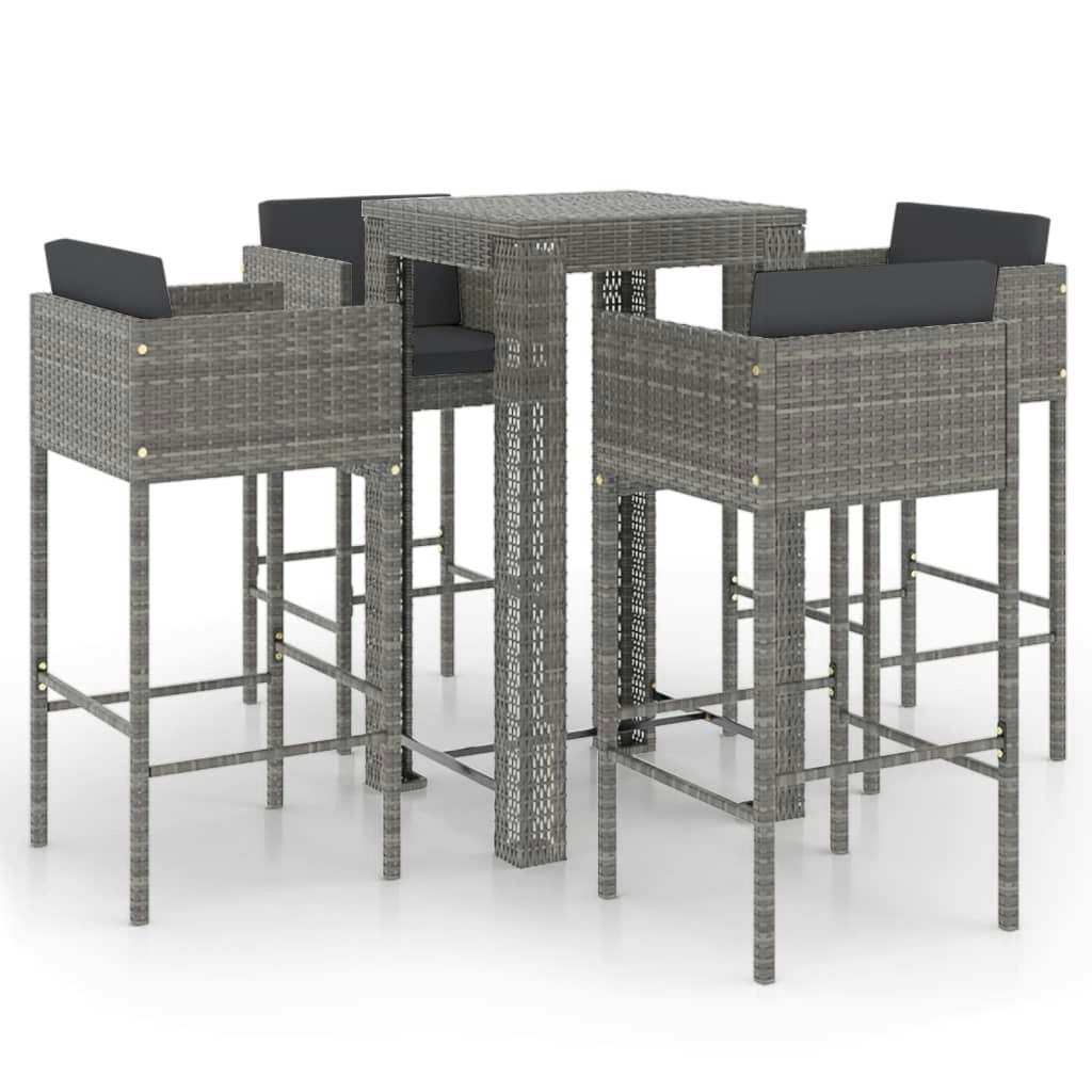 5 Piece Garden Bar Set with Cushions Poly Rattan Grey 3094782