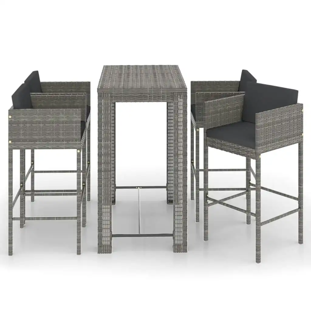 5 Piece Garden Bar Set with Cushions Poly Rattan Grey 3094785