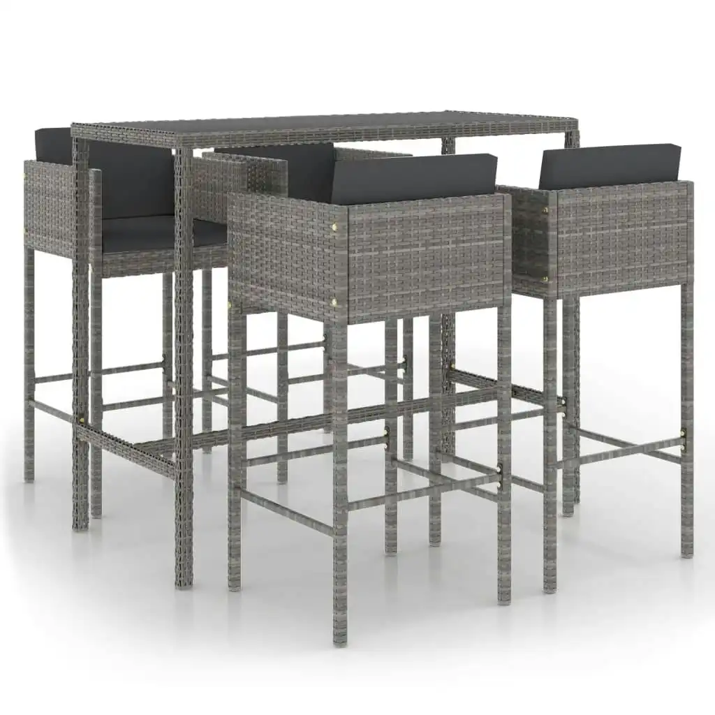 5 Piece Garden Bar Set with Cushions Poly Rattan Grey 3094794