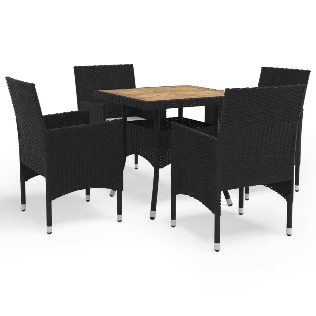 5 Piece Garden Dining Set Black Poly Rattan and Acacia Wood 3058322