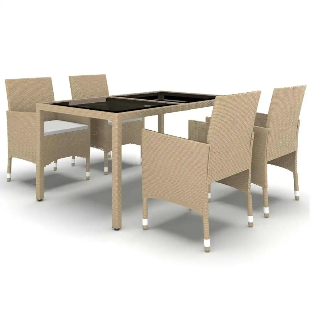 5 Piece Garden Dining Set Poly Rattan and Tempered Glass Beige 3058420