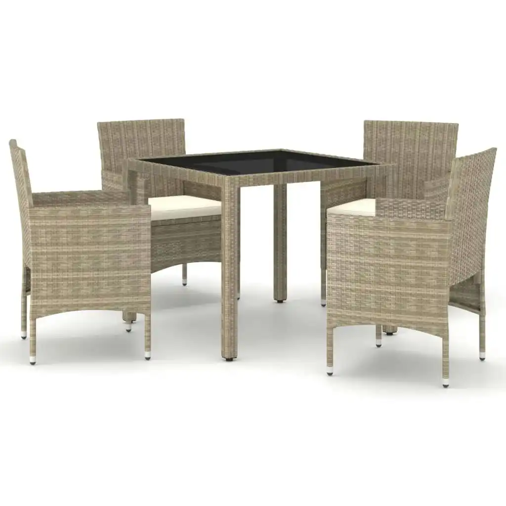 5 Piece Garden Dining Set Poly Rattan and Tempered Glass Beige 3058410