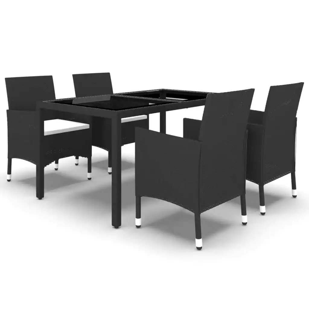 5 Piece Garden Dining Set Poly Rattan and Tempered Glass Black 3058418