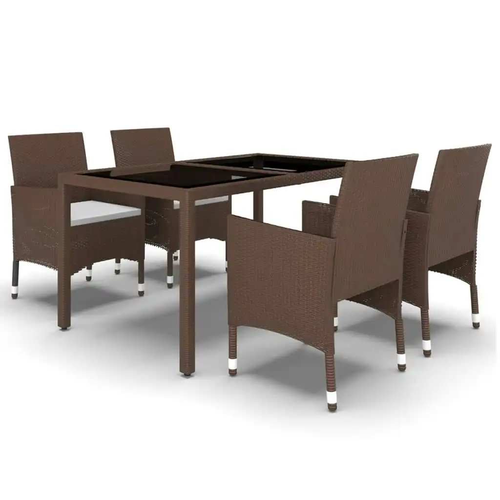 5 Piece Garden Dining Set Poly Rattan and Tempered Glass Brown 3058421