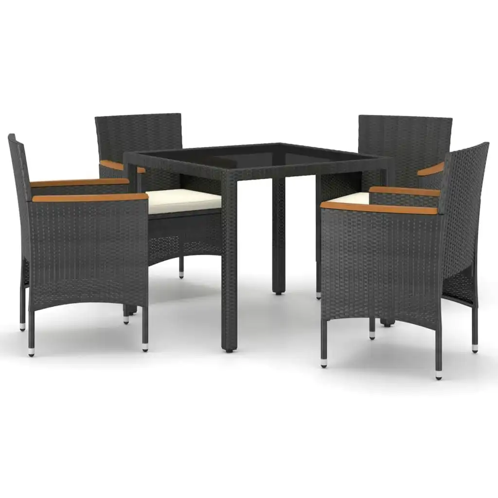 5 Piece Garden Dining Set Poly Rattan and Tempered Glass Black 3058414