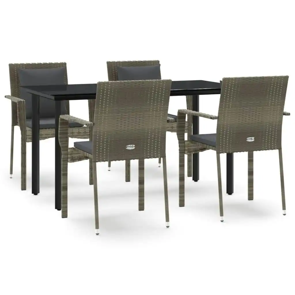 5 Piece Garden Dining Set with Cushions Black and Grey Poly Rattan 3185115