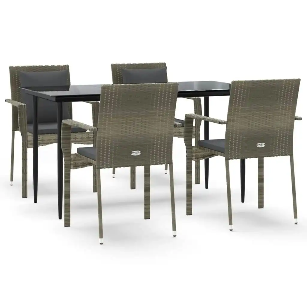 5 Piece Garden Dining Set with Cushions Black and Grey Poly Rattan 3185103